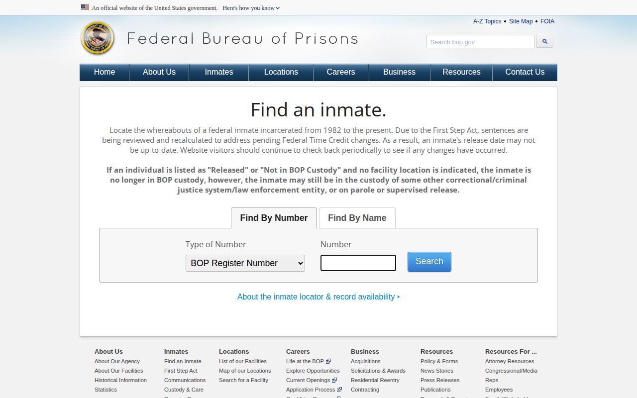 Bureau of Prisons federal inmate locator for custody verification